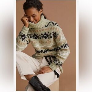 Anthropologie fair isle tunic pullover sweater in mint green Christmas trees